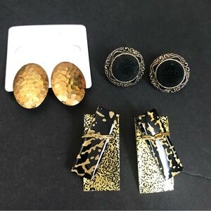 Lot of 3 Vintage Black Gold Tone Earrings 80s 90s Retro Chunky Bold Statement